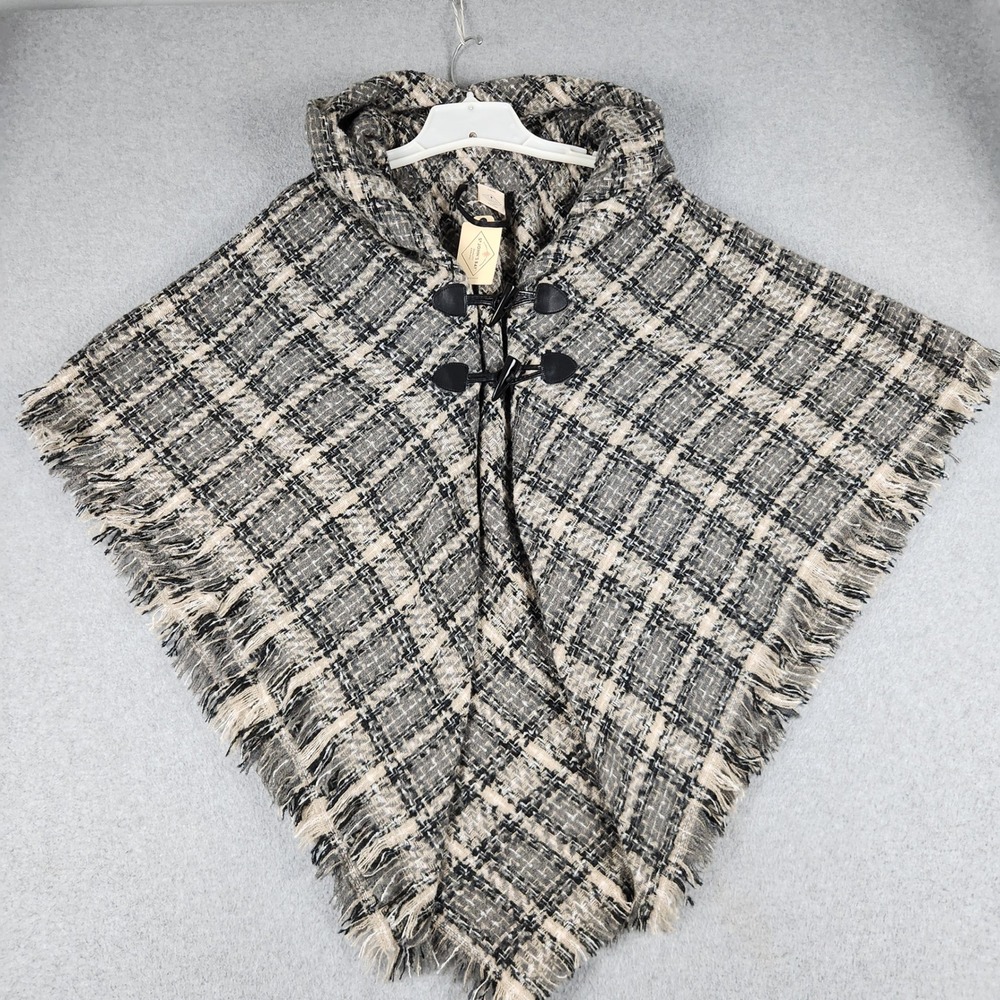 St. John's Bay Poncho Womens One Size Gray Neutral Plaid Hooded Toggle Fringe